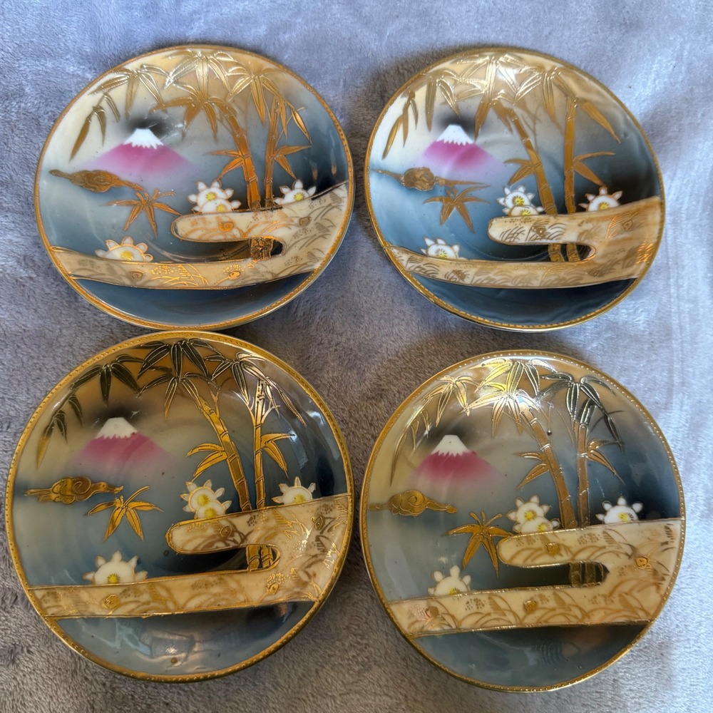 Vintage Handpainted Shofu China Saucers Gold Black Mt. Fuji Japan Set of 4